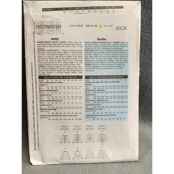 Butterick 4028 Womens Jacket Sewing Pattern Sizes 6-10 - uncut - Picture 2 of 2